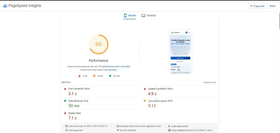 PageSpeed Before - 66 Score